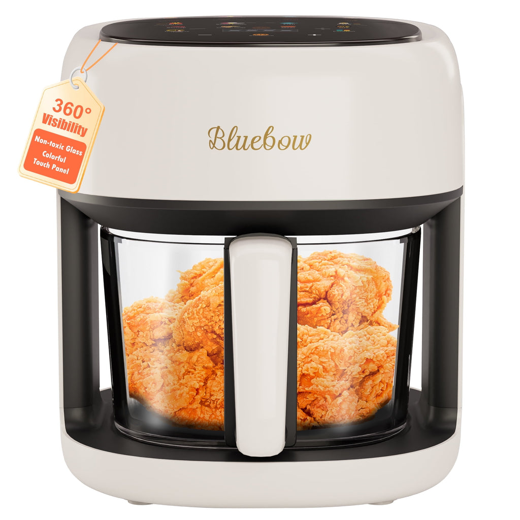 Bluebow 5 Quart Air Fryer with 360° Viewing Glass Pot, 8-in-1 Digital Touchscreen, Nonstick & Dishwasher Safe Basket, Less Oil, 1350W (White)
