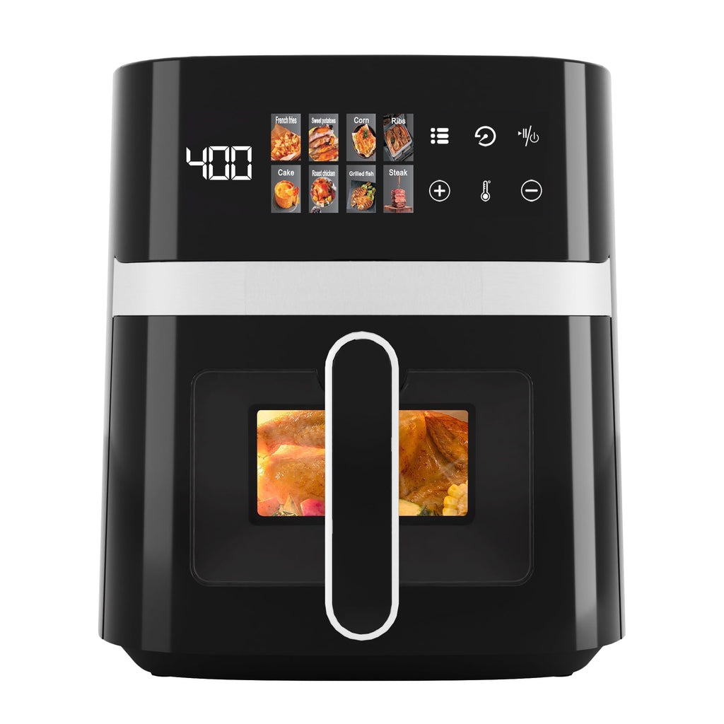 Bluebow 6QT Air Fryer, 8-in-1 Electric Hot Oven with Digital LED Touchscreen, Visible Window, 1500W, New, Black