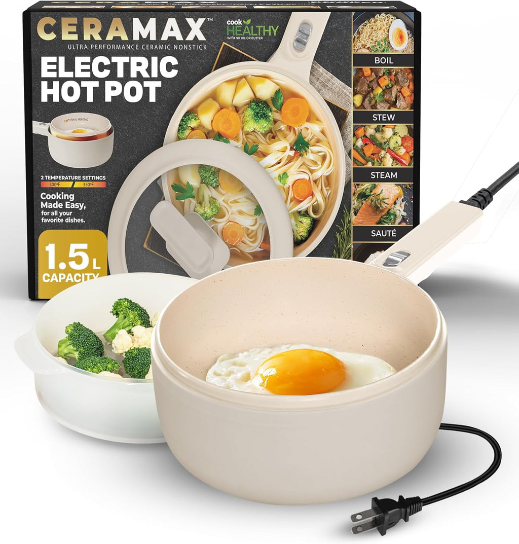 Ceramax Electric Hot Pot 1.5L Nonstick Ceramic Skillet Pan, Electric pot Mini Cooker with Lid, Hot Pot Electric Steamer for Frying Eggs Ramen, Electric Skillet, As Seen on TV