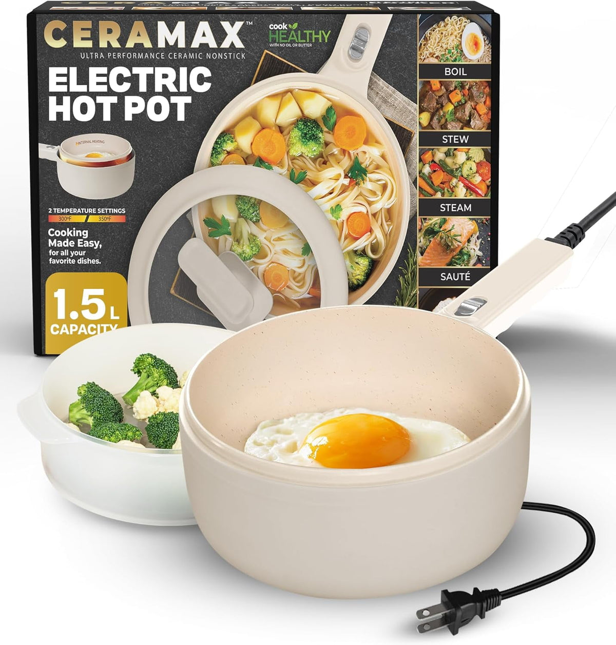Ceramax Electric Hot Pot 1.5L Nonstick Ceramic Skillet Pan, Electric pot Mini Cooker with Lid, Hot Pot Electric Steamer for Frying Eggs Ramen, Electric Skillet, As Seen on TV