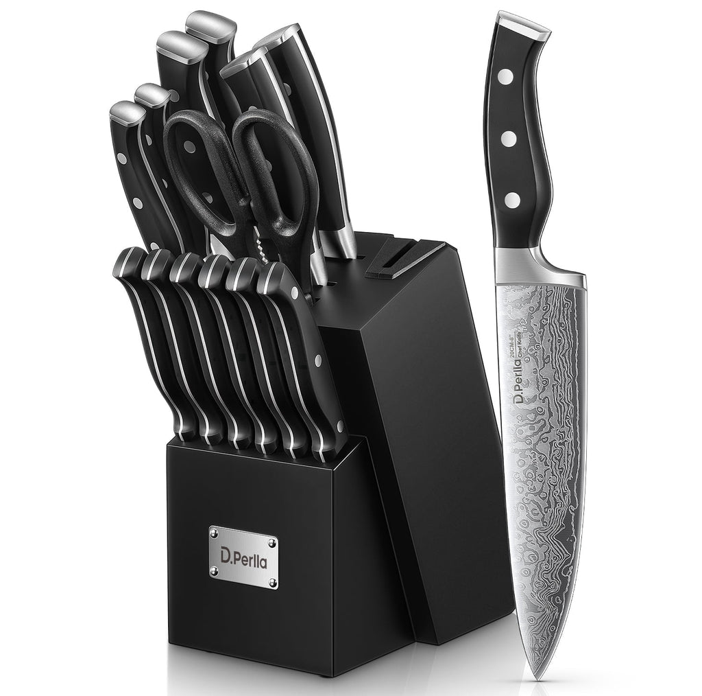 D.Perlla Knife Set, 14 Pcs Kitchen Knives Set with Built-in Sharpener, German Stainless Steel Knife Sets with Block