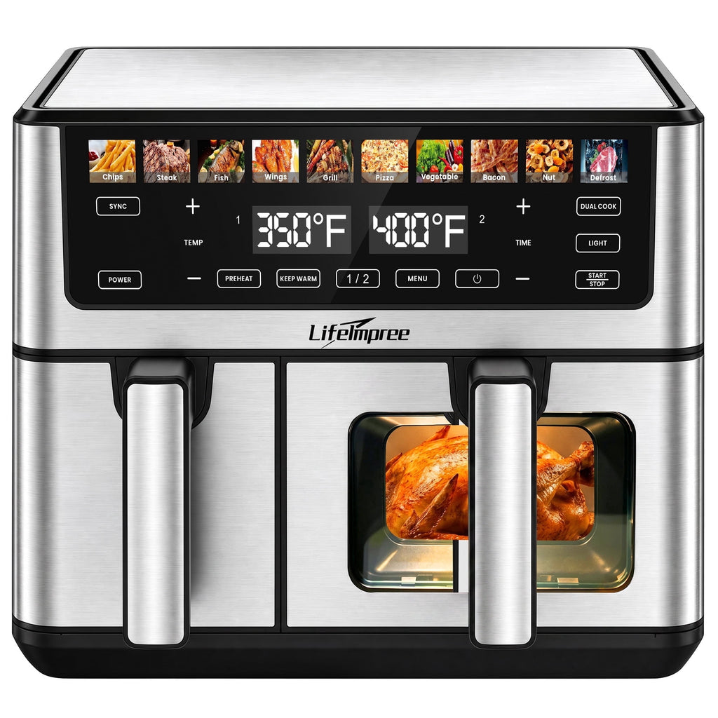 LifeImpree 11 QT Dual Basket Air Fryer with Viewing Window, 1800W Digital Air Fryer, Sync Finish & Dual Cook, 12 One-Touch Presets, 100°F–400°F