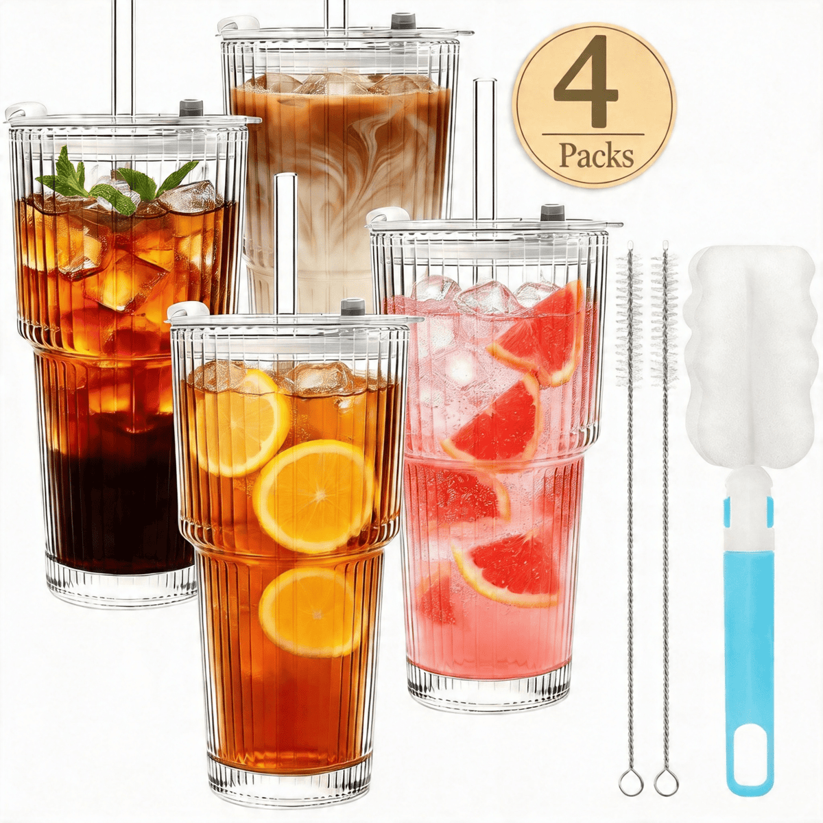 TAIMASI 4-Pack Ribbed Glass Tumblers with Lids, Straws and Cleaning Brush, 20oz Leakproof for Iced Coffee，Cocktails, Juice