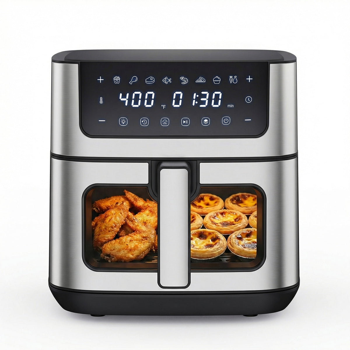 EDX 6QT Stainless Steel Air Fryer with Digital Touchscreen, 1500W, 8 Presets, Dishwasher Safe Basket, 90 Min Timer, 24H Delay Start, Gray