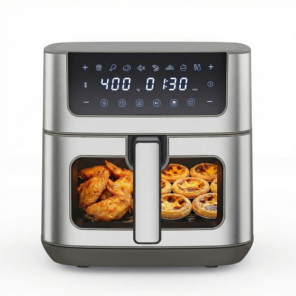 EDX 6QT Stainless Steel Air Fryer with Digital Touchscreen, 1500W, 8 Presets, Dishwasher Safe Basket, 90 Min Timer, 24H Delay Start, Gray