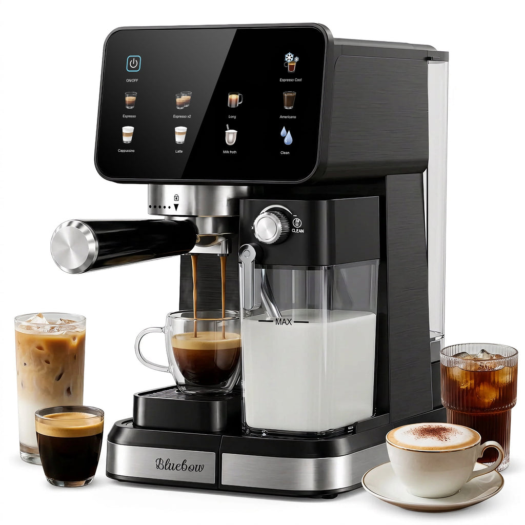 Espresso Machine with Built-In Milk Frother, 20-Bar Color Touchscreen Automatic Coffee Maker for Cold Brew Americano Cappuccino Latte, Perfect for Home Office Use, Black