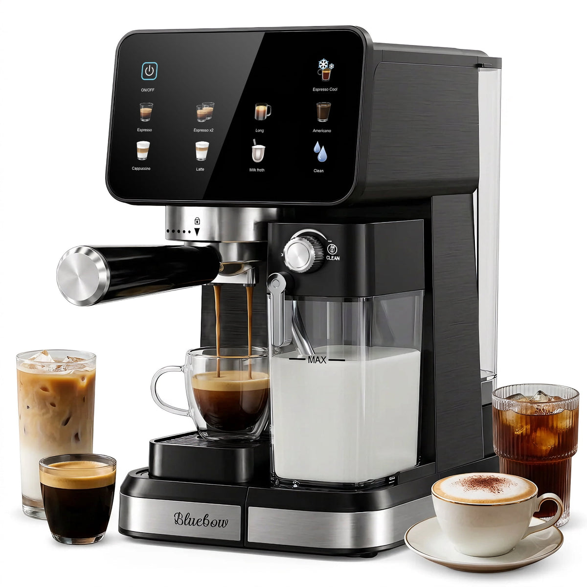 Espresso Machine with Built-In Milk Frother, 20-Bar Color Touchscreen Automatic Coffee Maker for Cold Brew Americano Cappuccino Latte, Perfect for Home Office Use, Black