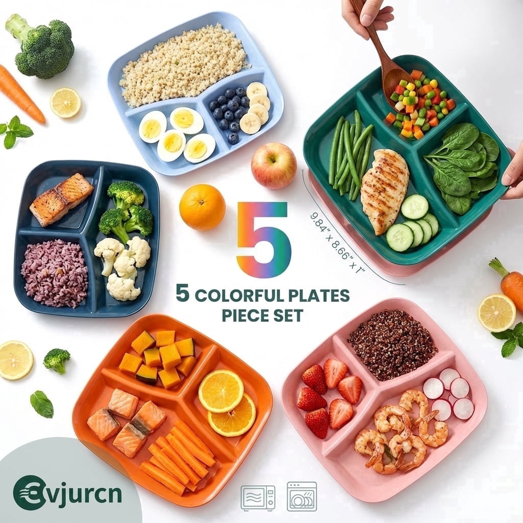 Evjurcn 6Pcs Divided Dinner Plates 3 Compartment Unbreakable Dinner Diet Plates Stackable Portion Control Dish Reusable Divider Plates Microwave Dishwasher Safe for Kids Adults Seniors