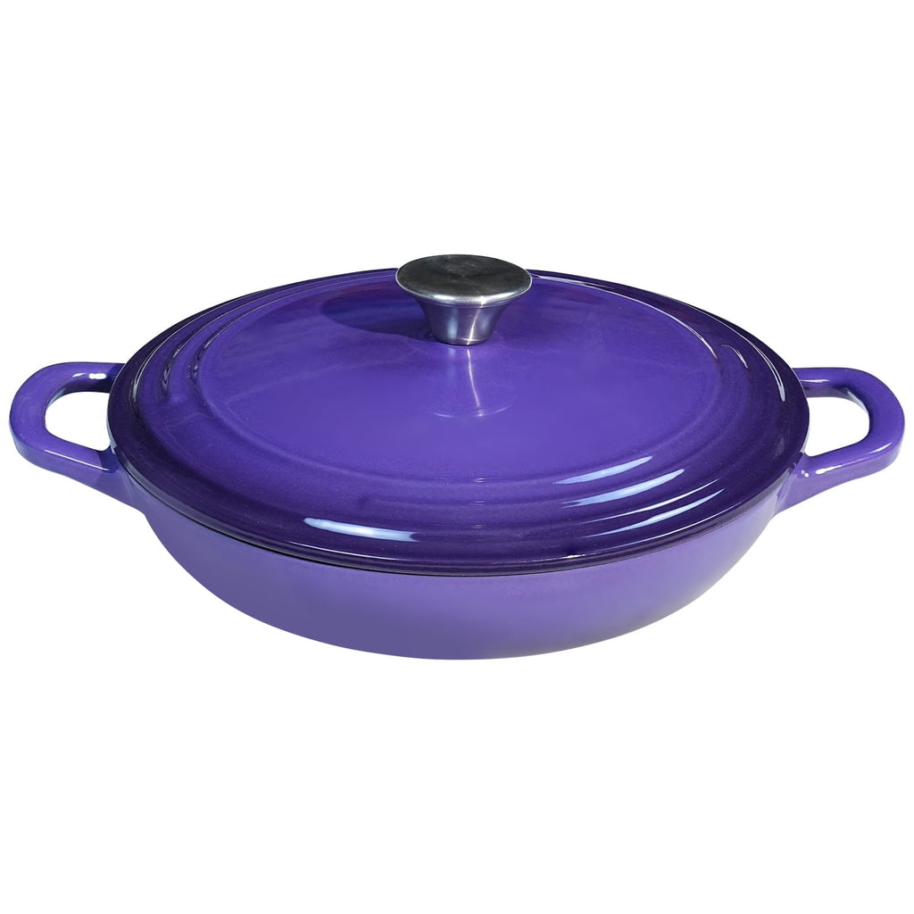 Flavehc Braiser Enameled Cast Iron Braiser 3 qt Braiser Pan with Lid Purple Shallow Cast Iron Casserole Braiser Pan with Handels
