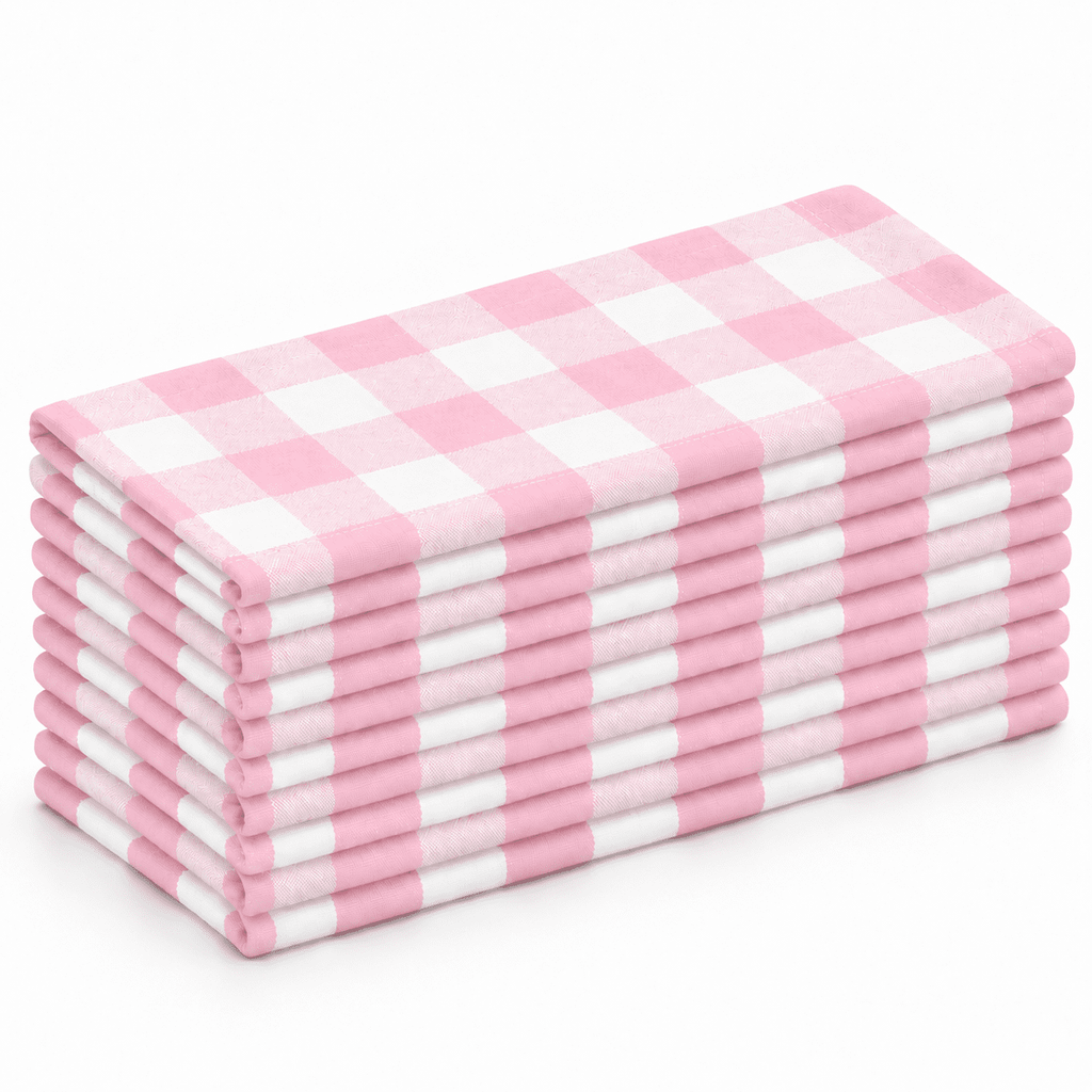 GFI LINEN CLUBS 100% Cotton Gingham Cloth Dinner Napkins, 18 x 18 in, Set of 12, Baby Pink & White