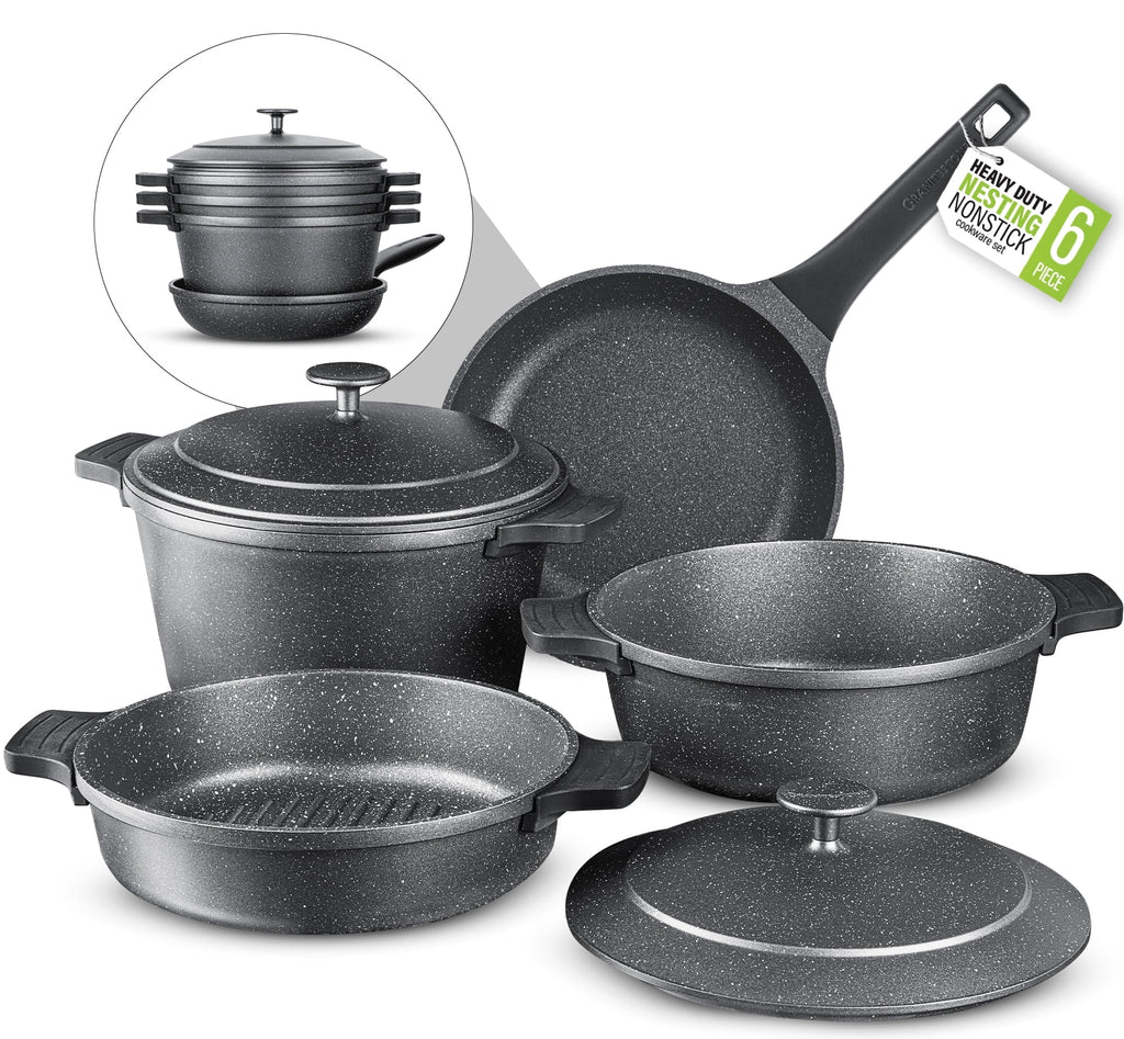Granitestone 6Pcs Pots and Pans Set Nonstick, Nesting Ceramic Cookware Set Nonstick, Induction & Oven Safe, Save 25% Space by Nesting, Black