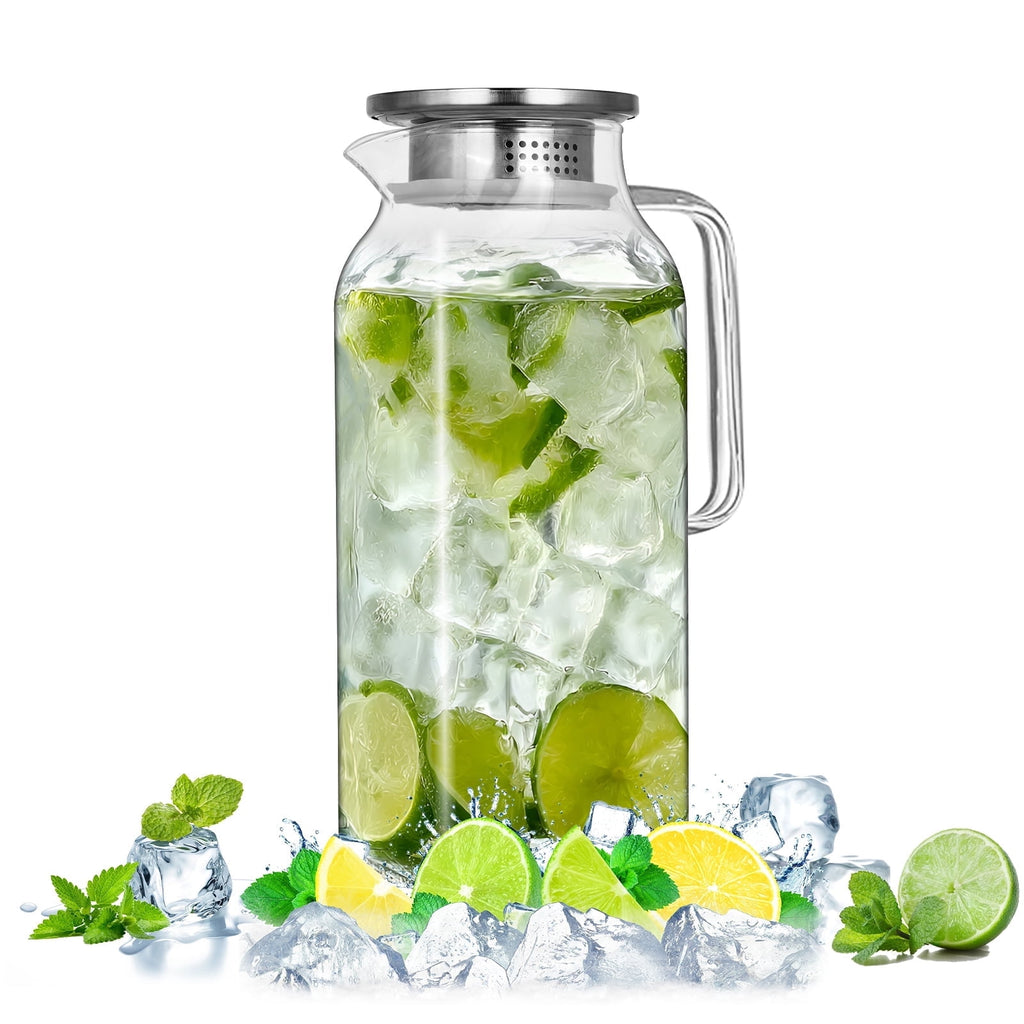 Soulgenix 2L Glass Pitcher, Square Glass Carafe with Stainless Steel Lid, 68 oz Carafe for Water, Juice, Iced Tea, Coffee