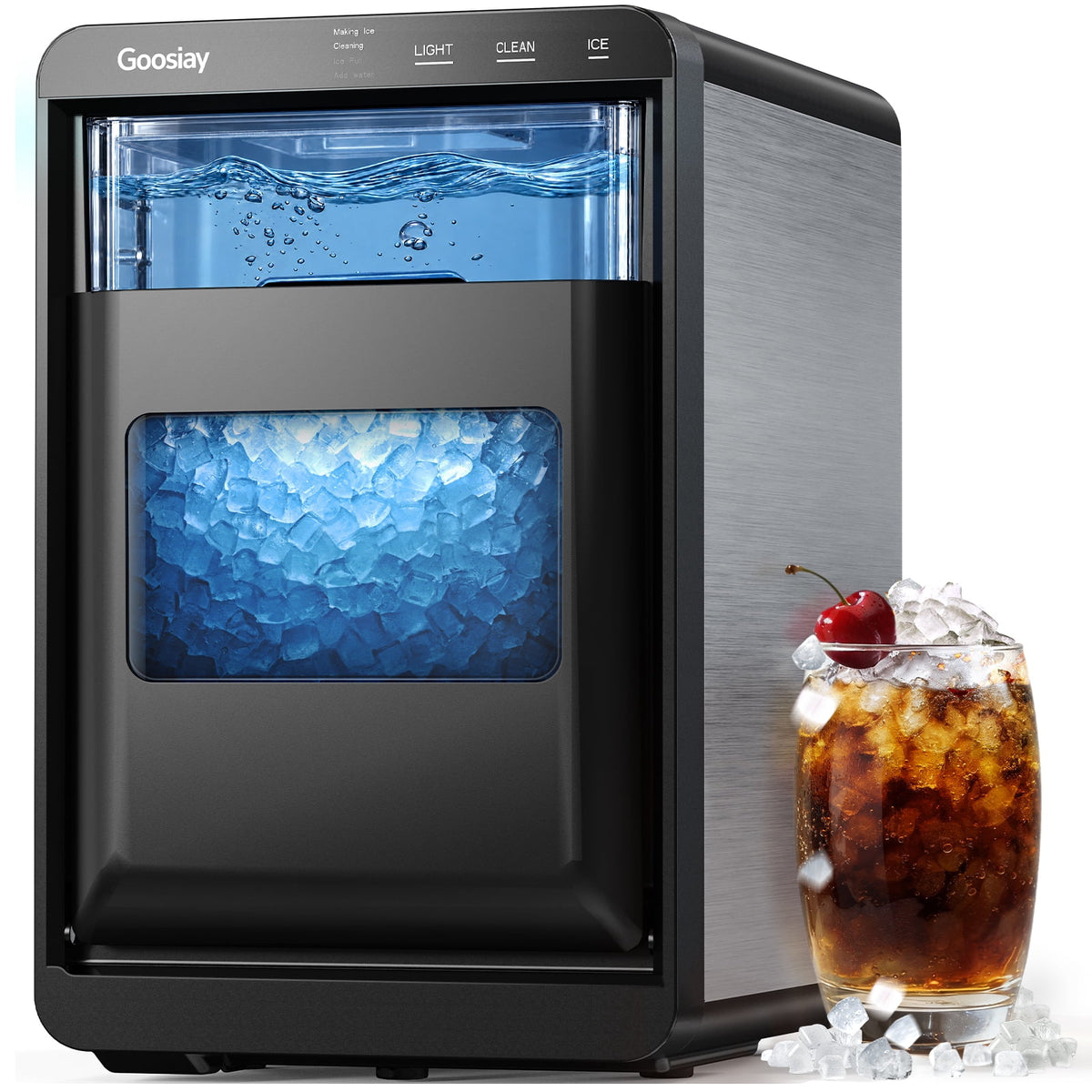 Goosiay Nugget Ice Maker Countertop, 44lbs per Day Portable Pebble Sonic Ice Machine with Soft Chewable Ice for Home, Kitchen, Office, RV, Camping, Stainless Steel, Black