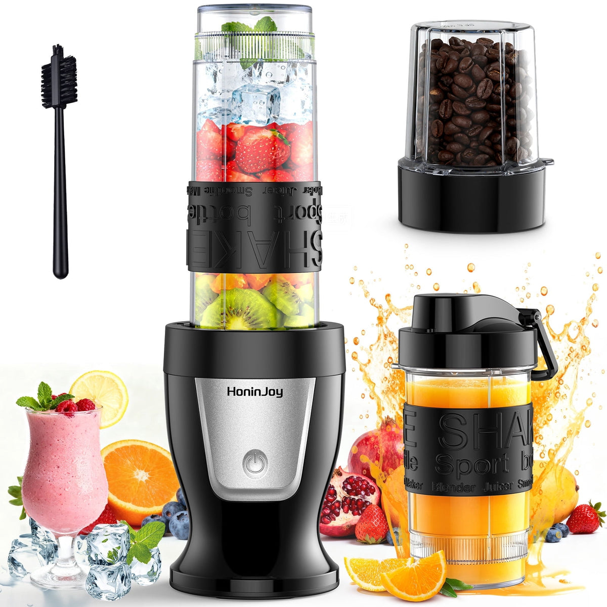HoninJoy Portable Blender, Compact Personal Blender for-Smoothies, Shakes, Food Prep, and Frozen Blending, 20-oz. Cups and Spout Lids, Grinding Cup