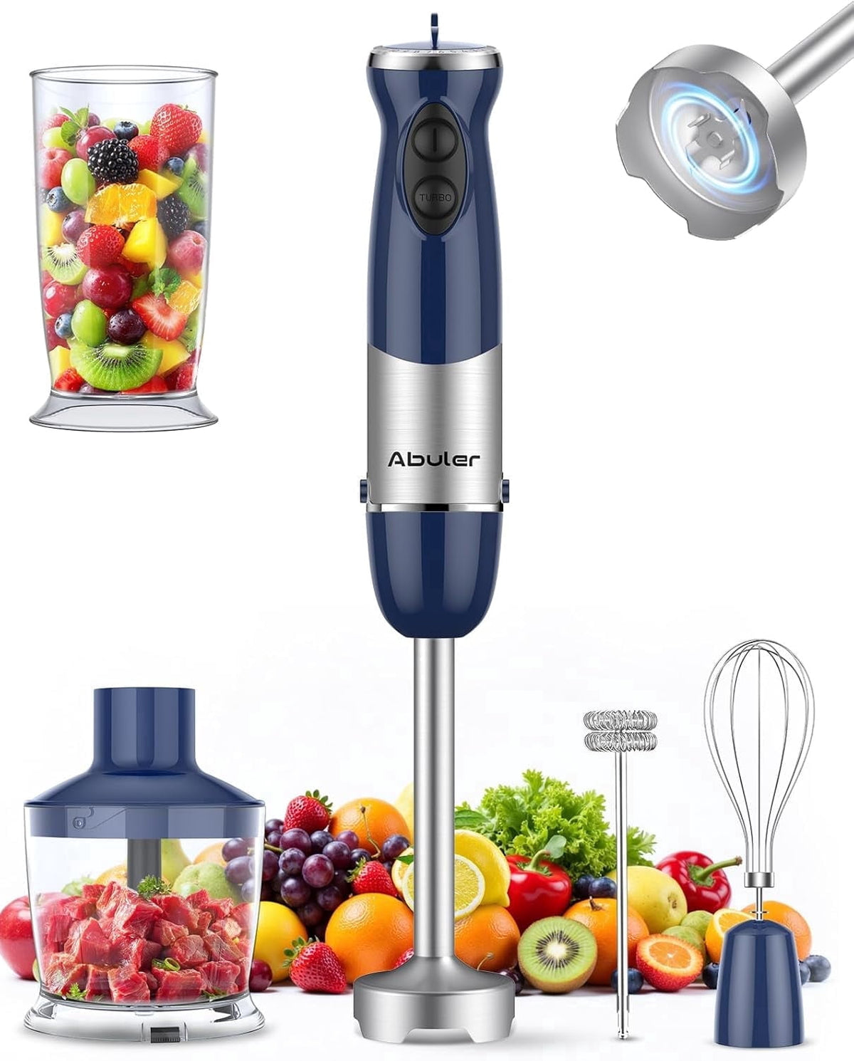 Immersion Blender Handheld 1000W 5 in 1 Corded Stick Hand Blender Kitchen with 12 Speed, BPA-Free, Mixing Beaker, Chopper, Whisk, Milk Frother, Perfect Emulsifier