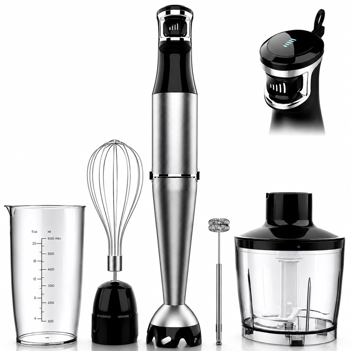 Bitrel Immersion Blender, 1100W 5-in-1 Multi-Speed Hand Blender with 21oz Beaker, Chopper, Whisk & Milk Frother, Ideal for Soup, Baby Food, Sauces, Smoothies & Purees
