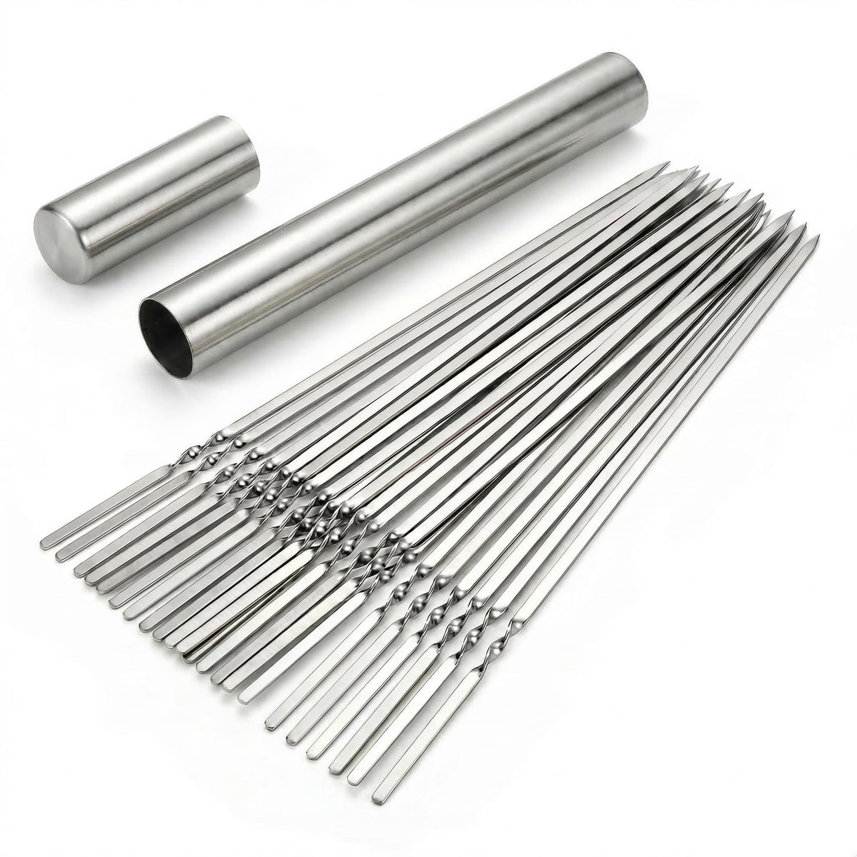 CNDRLEF 20PCS 13inch Stainless Steel BBQ Skewers, Reusable Grilling Skewer Sticks with Portable Tube Case for Outdoor Cooking & Barbecue Party