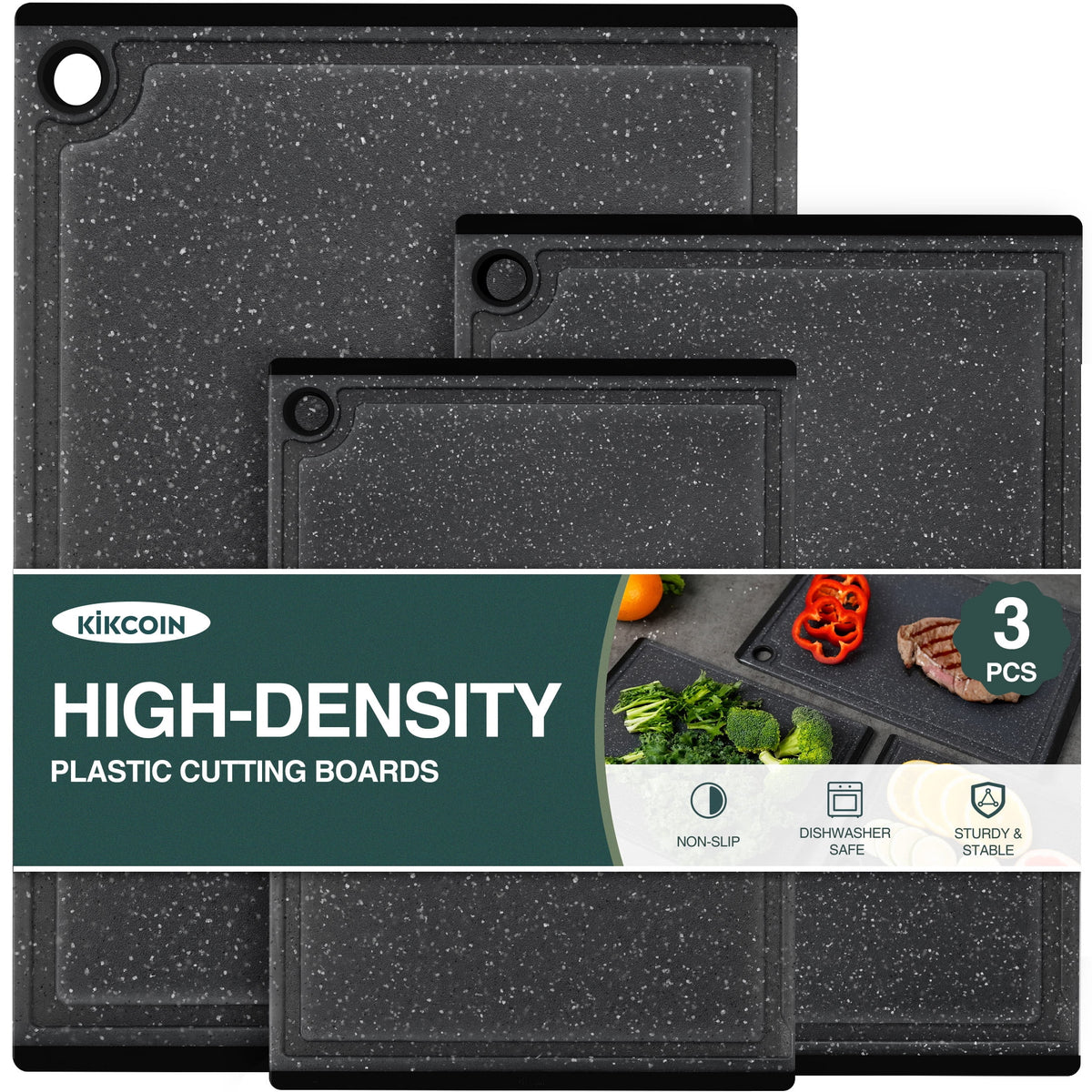 Kikcoin 3-Piece Plastic Large Cutting Boards Set for Kitchen, Chopping Board with Non-slip Feet and Juice Grooves