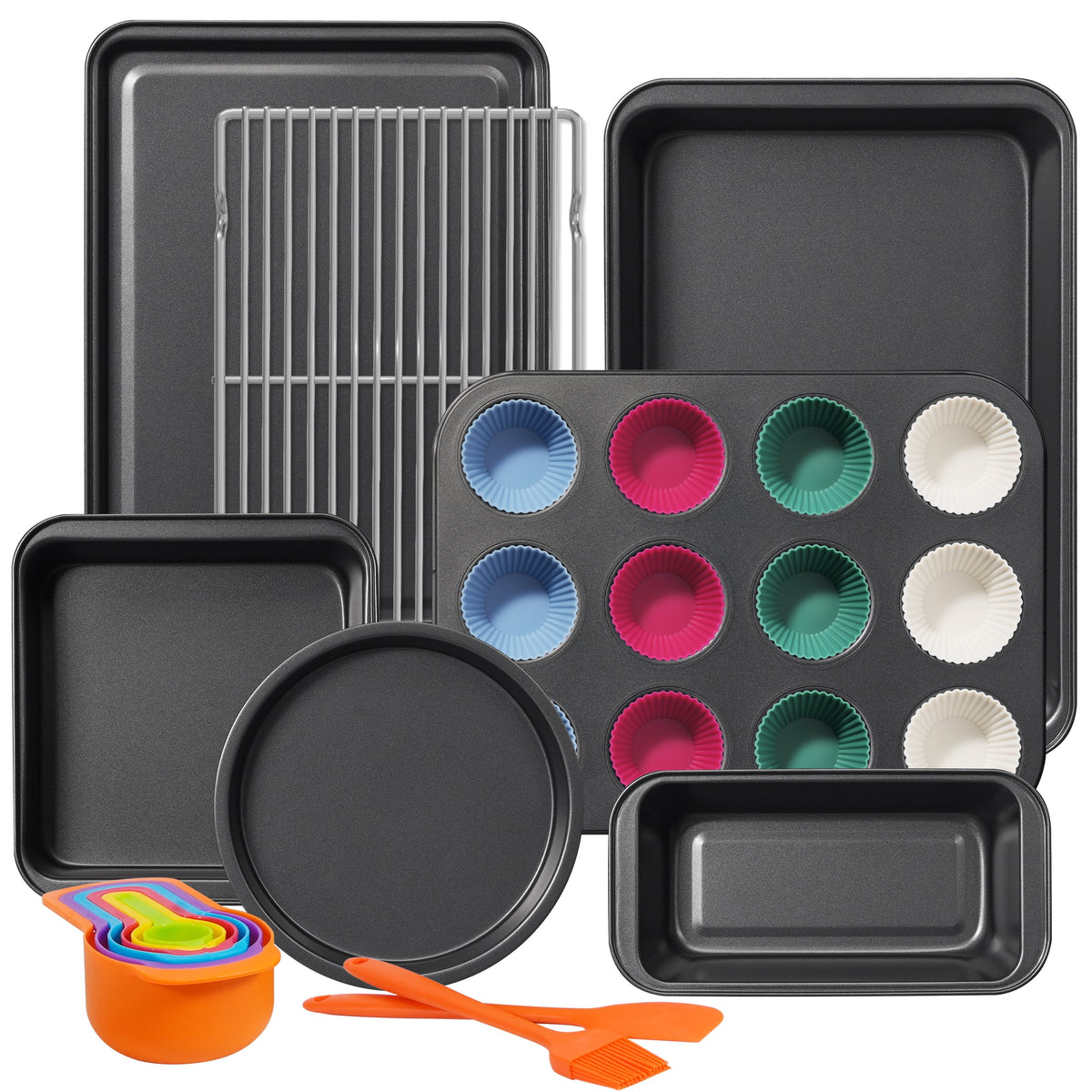 Kikcoin Bakeware Set, 22 Pcs Carbon Steel Non-Stick Baking Pan Set, Baking Sheet for Kitchen, Muffin Pan & Cookie Sheet & Cake Pan, Oven Safe up to 446℉