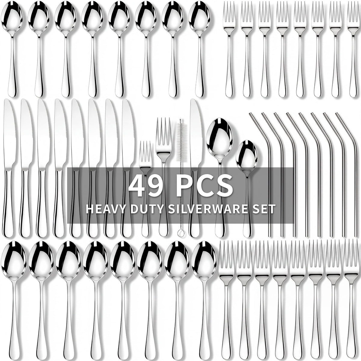 Kikcoin Silverware Set for 8, 49 Pcs Stainless Steel Flatware Set, Mirror Polished Tableware Cutlery for Home, Restaurant, Dishwasher Safe