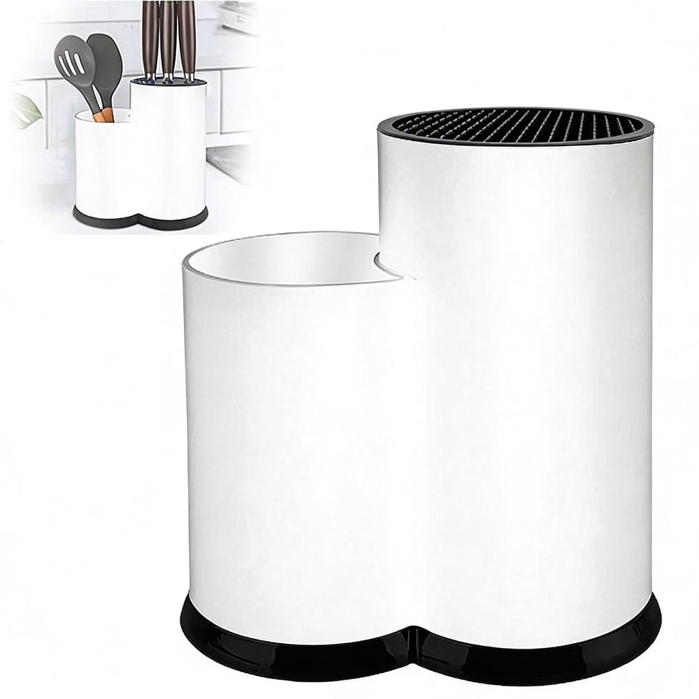 Knife Holder Kitchen 2-in-1 Universal Block without Knives Silverware Storage Stand with Drain Hole,for Countertop and Cabinet Drawer,White
