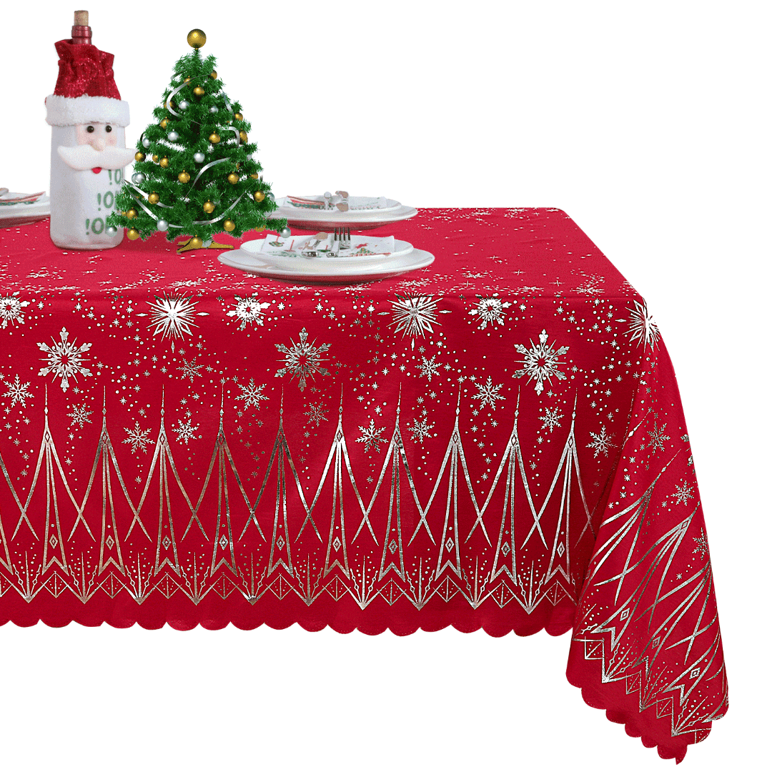 LUSHVIDA Christmas Tablecloths - Rectangle Foil Snowflake and Tree Table Cover Table Cloth Water Resistant Washshable Stain Resistant Decorative Tablecloth for Dining Festival - 60x84 inch 1 Pc