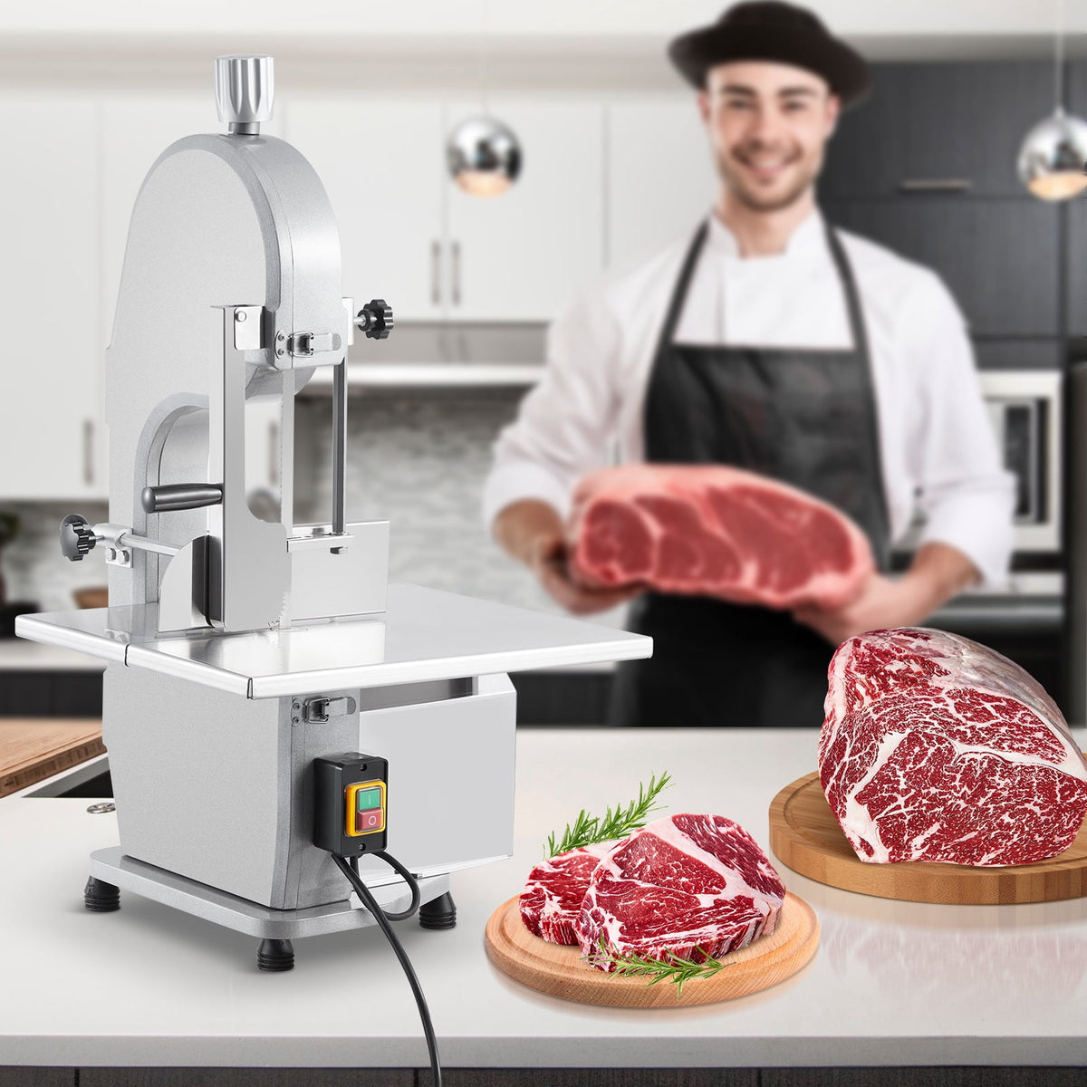 Memoryfield 1100W Electric Bone Saw Machine for Frozen Meat, 0.16-7.09" Cutting Thickness, 19.3" x 15" Tabletop Meat Cutter with 5 Blades for Beef, Chicken, Fish & Trotters