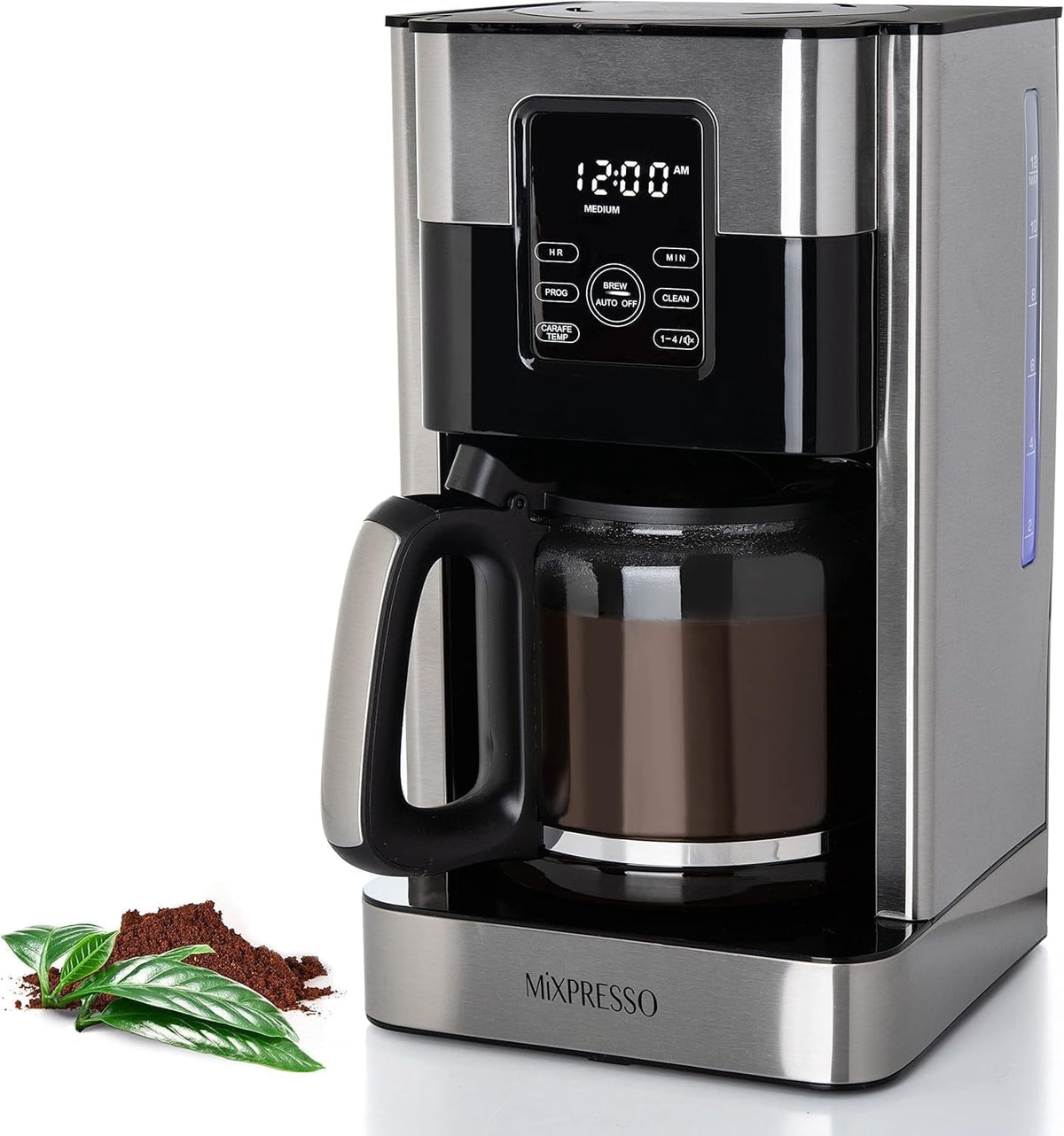 Mixpresso 12 Cup Coffee Pot, Auto-Off & Reusable Filter, Large Drip Coffee Maker 12 Cup Borosilicate Glass Carafe, Anti-Drip Coffee Machine Water Level Window, Black Electric Coffee Maker