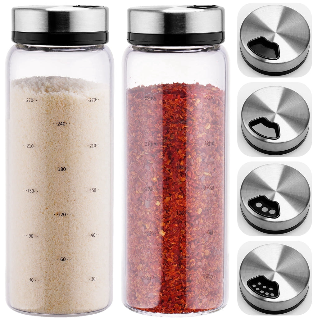 NiHome 2-Pack 10oz Spice Shakers with Adjustable Stainless-Steel Lids for Parmesan Cheese, Chili Flakes, Herbs, Salt, Pepper, Borosilicate Glass Seasoning Dispensers, Easy Refill and Dishwasher Safe