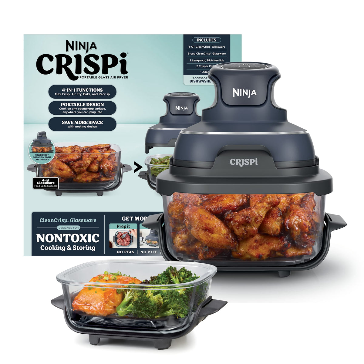 Ninja Crispi Glass Air Fryer 4-Qt, 4-in-1, Air Fry Bake Recrisp, Portable, Dishwasher Safe, FN101ST Stone