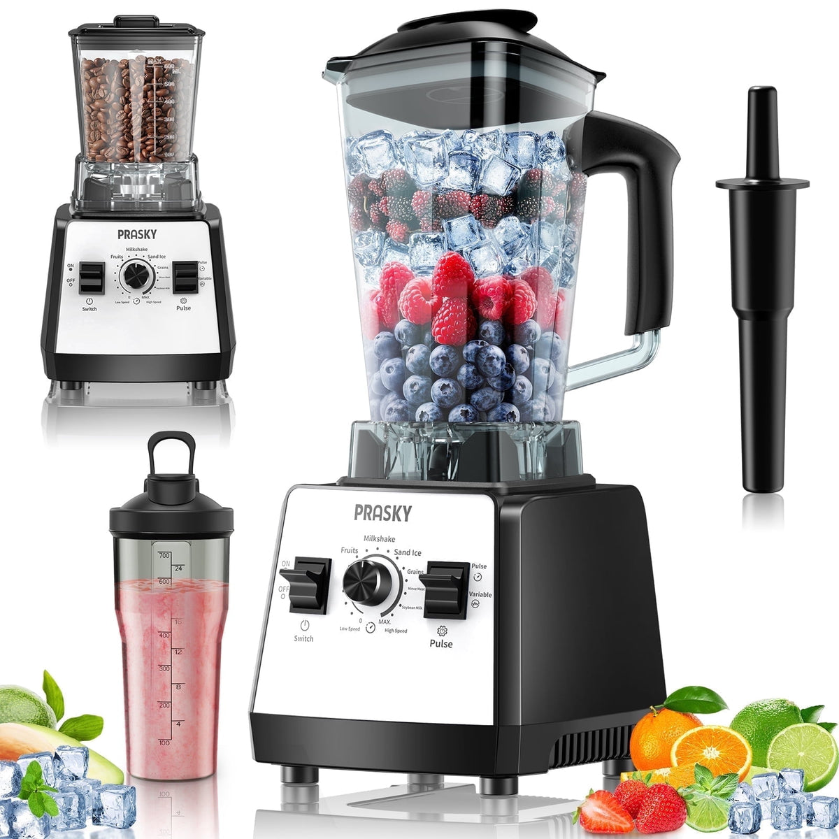 PRASKY Countertop Blender, 2-in-1 Professional Blender, 68oz Capacity 1000W 6 Speeds Blender for Kitchen with 25oz to-go Cup (Black)