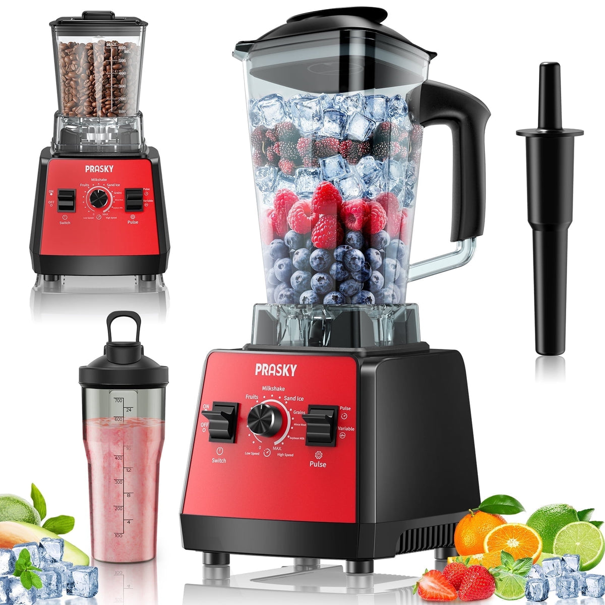 PRASKY Countertop Blender, 2-in-1 Professional Blender, 68oz Capacity 1000W 6 Speeds Blender for Kitchen with 25oz to-go Cup (Black)