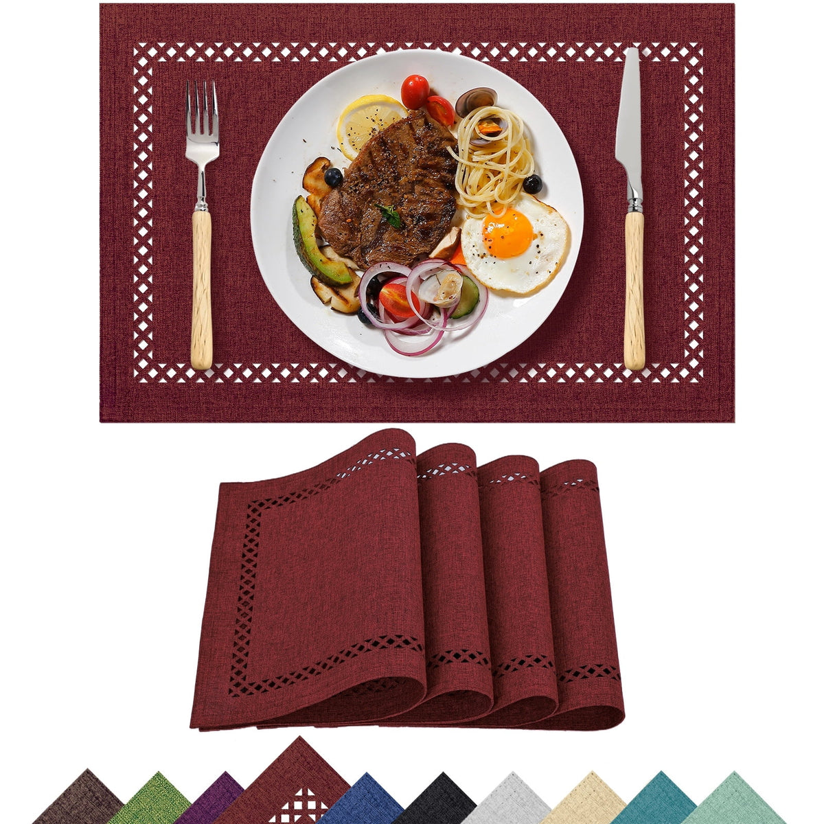Placemats Set of 4, Yamaziot Double Layer Cloth Fabric Heat Resistant Place Mat, Washable Reversible Rectangle Dining Table Mats, Hollow Khaki, 12"x18"