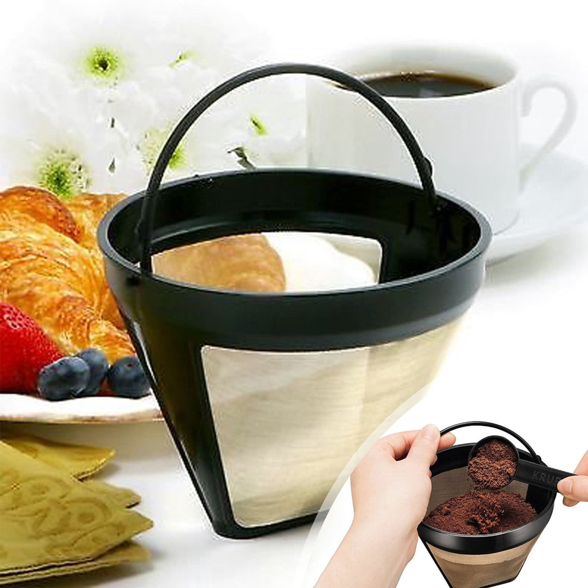 RKZDSR Reusable Stainless Steel Coffee Filter - Basket Design for 8-12 Cup Coffee Makers and Independent Brewing