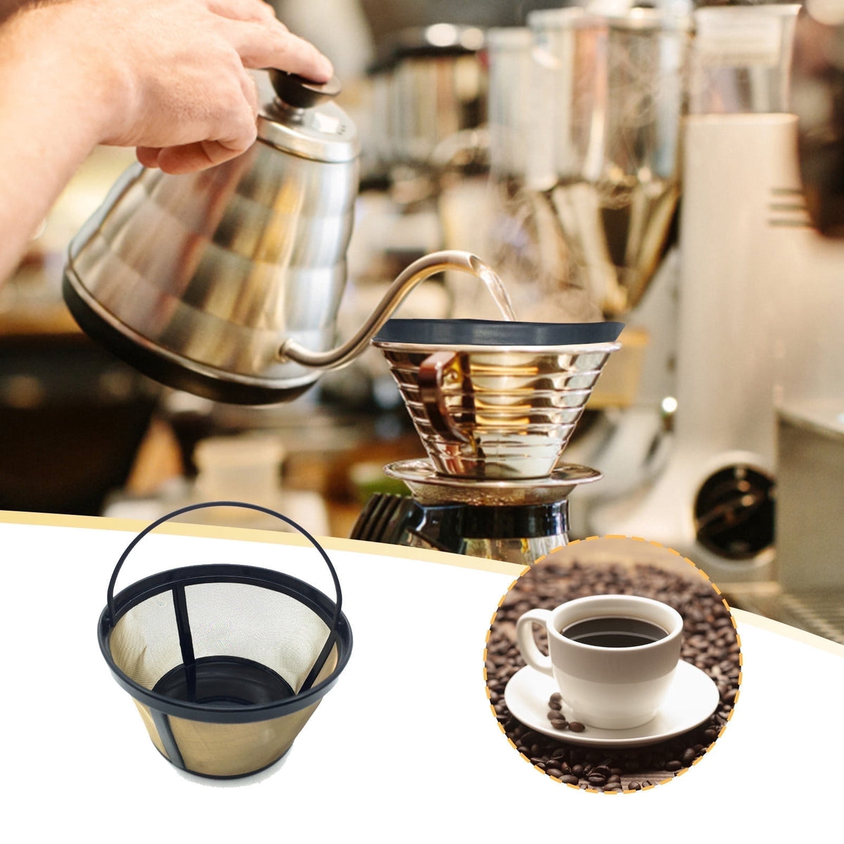 RKZDSR Reusable Stainless Steel Coffee Filter - Basket Design for 8-12 Cup Coffee Makers and Independent Brewing