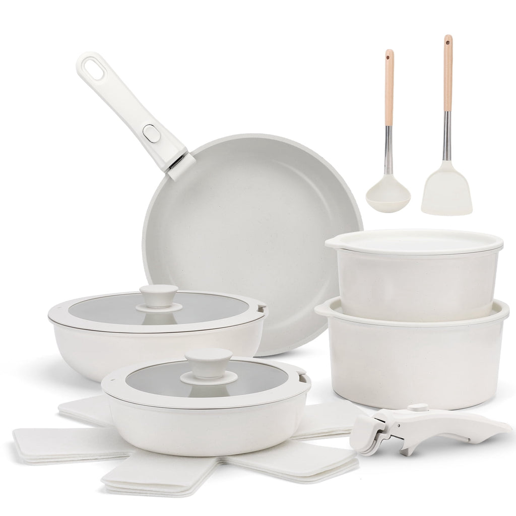 17 Piece Ceramic Pots and Pans Set Non Stick, Cookware Set with Detachable Handle, Oven Safe, Induction Ready, Stackable RV Kitchen Cooking Set Removable Handles, Cream White