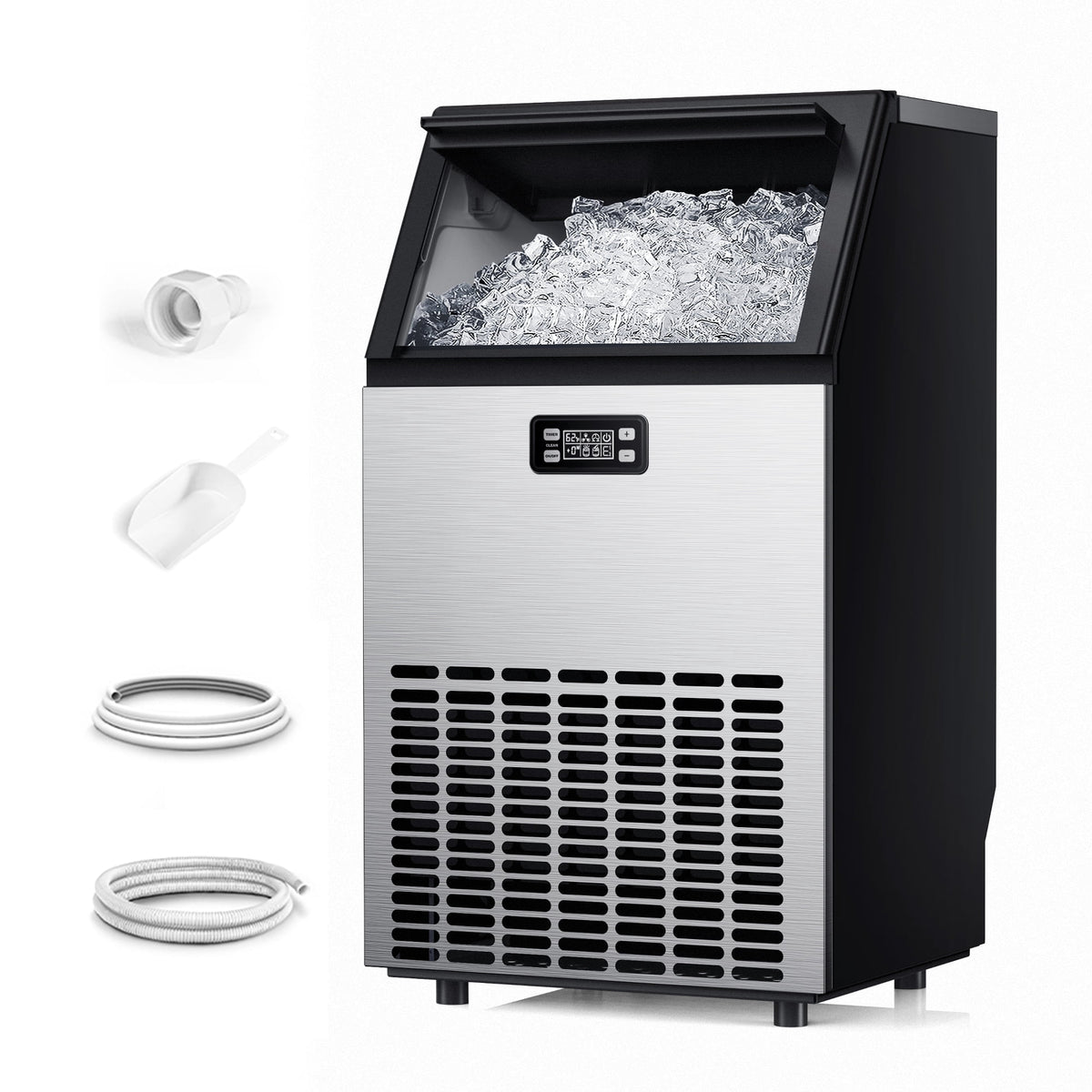 Simzlife Commercial Ice Maker, 100 Lbs/24H, Freestanding or Built-In, 33 Lb Storage Bin, Stainless Steel Ice Machine