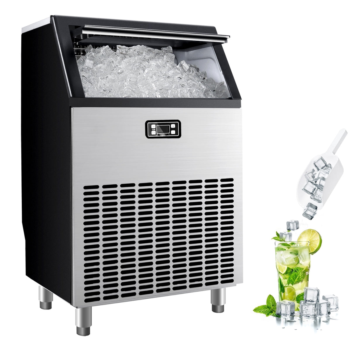 Simzlife Commercial Ice Maker, 100 Lbs/24H, Freestanding or Built-In, 33 Lb Storage Bin, Stainless Steel Ice Machine
