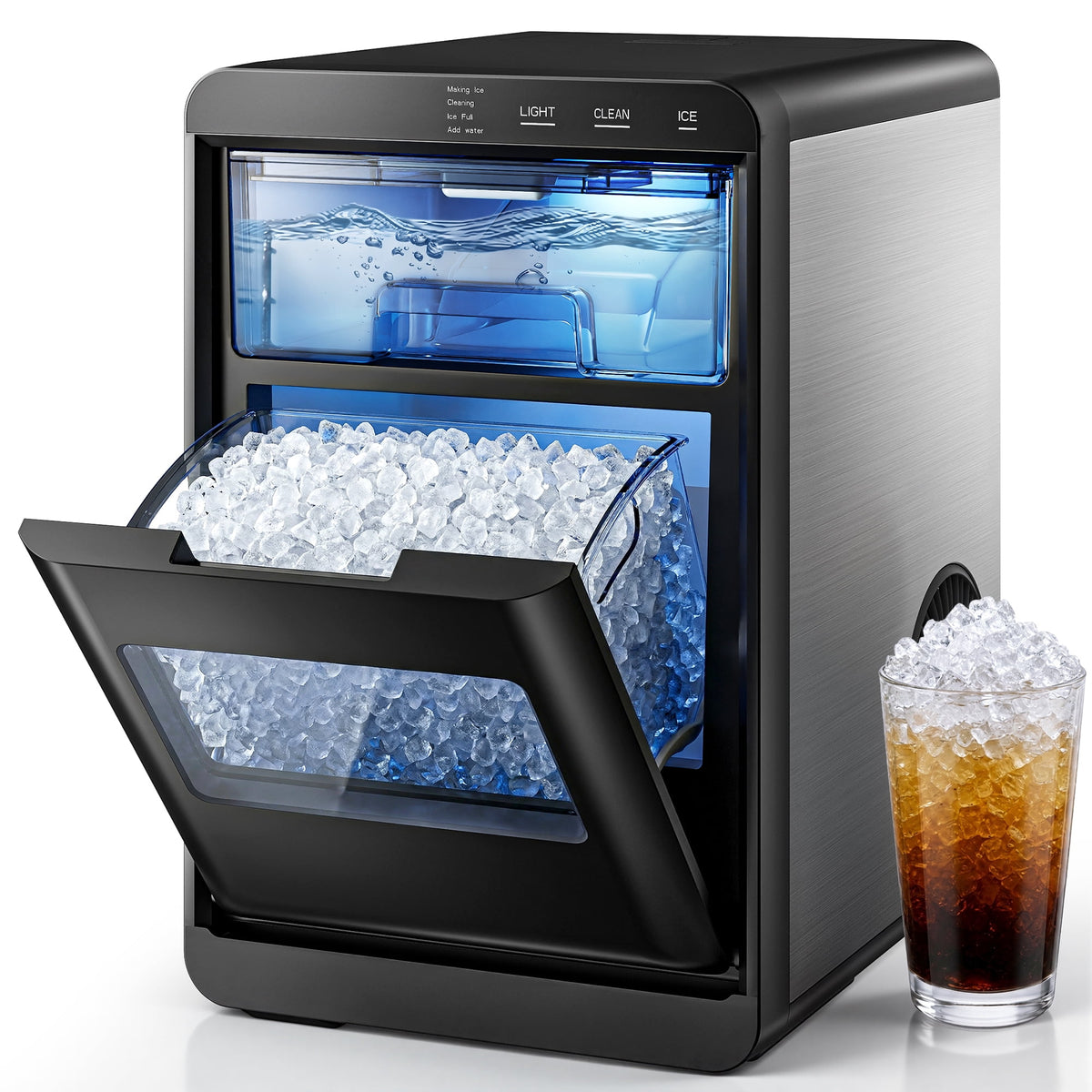 Simzlife Nugget Ice Maker Countertop, 44 lbs/24H, Soft Chewable Sonic-Style Pebble Ice machine, One-Touch Self-Cleaning, Stainless Steel Black