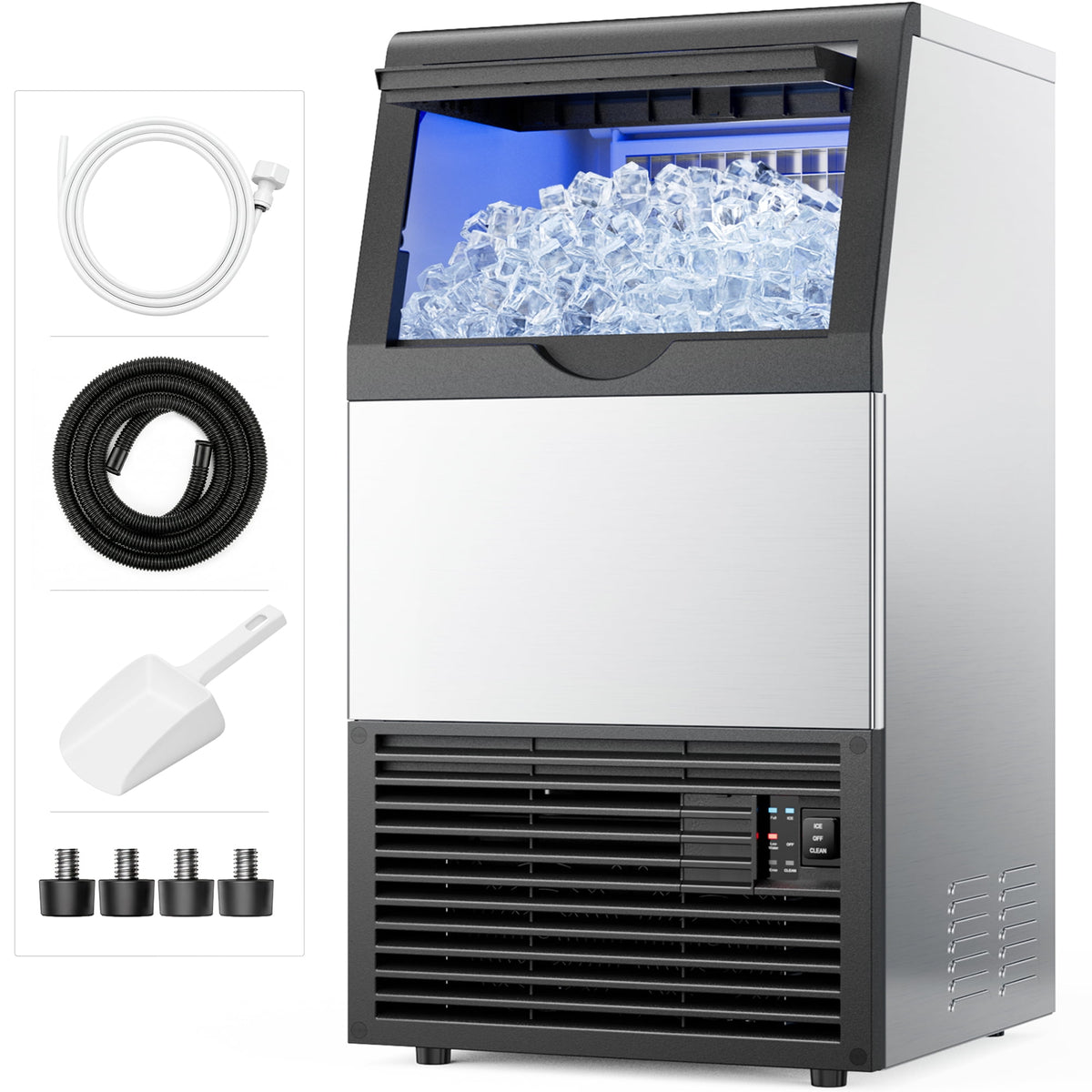 Snowyermine Residential/Commercial Ice Maker, 100 lbs/24H, 33 lb Storage Bin,Built-In or Freestanding Under Counter Ice Machine, Self-Cleaning for Restaurant, Bar, Cafe & Home, Silver