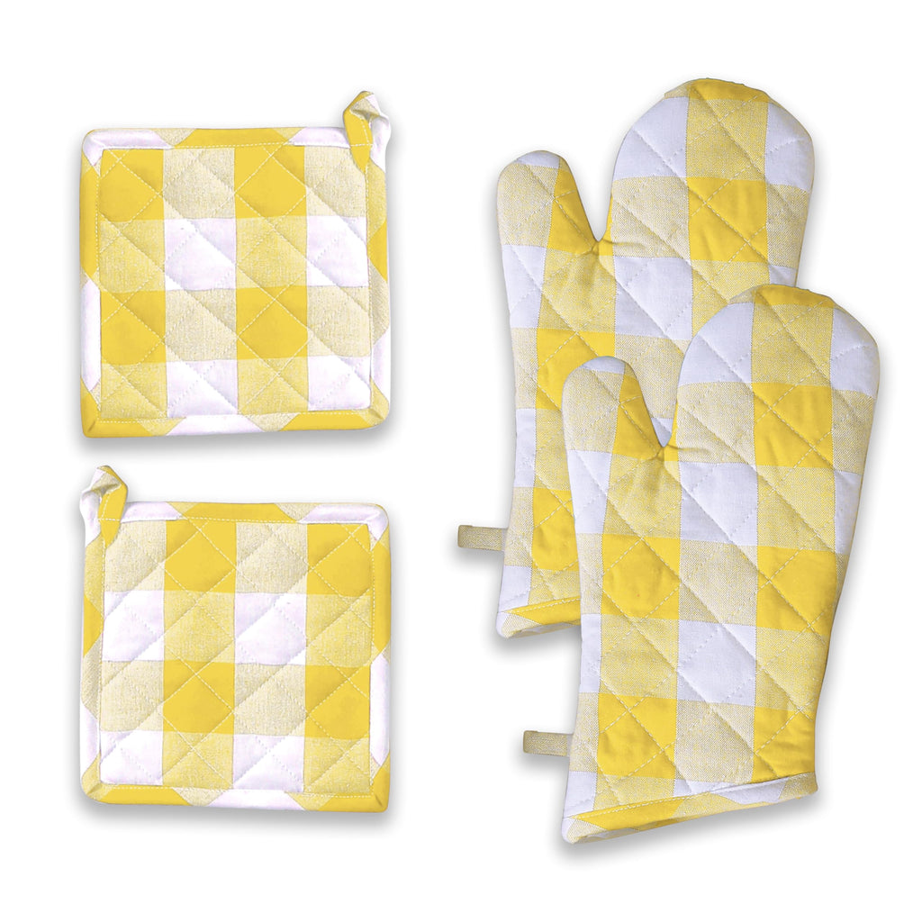 Softopia Cotton Buffalo Plaid Check Oven Mitts and Pot Holders Set, 100% Cotton, Heat Resistant, 2 Oven Gloves 7x13 Inches and 2 Hot Pads 8x8 Inches for Cooking and Baking, Lemon Yellow White