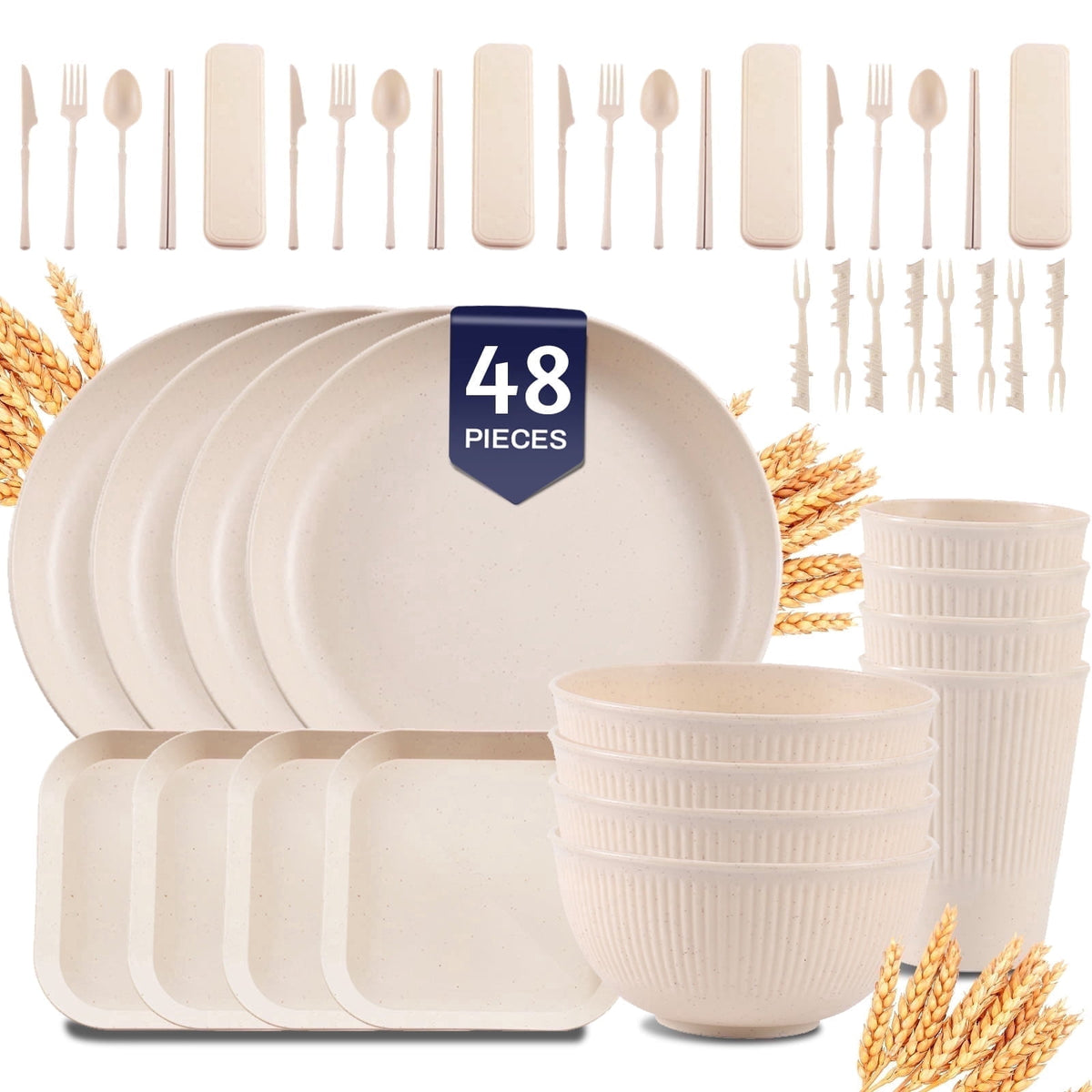 Soulgenix Wheat Straw Dinnerware Sets, 48 Pcs Unbreakable Dinnerware Sets for 4, Microwave Dishwasher Safe, Beige
