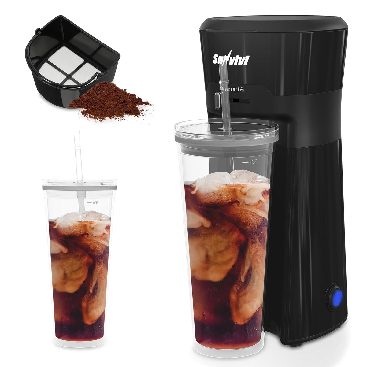 Sunvivi Single Serve Coffee and Iced Tea Maker with Reusable Filter, Cold Brew Ice Coffee Maker