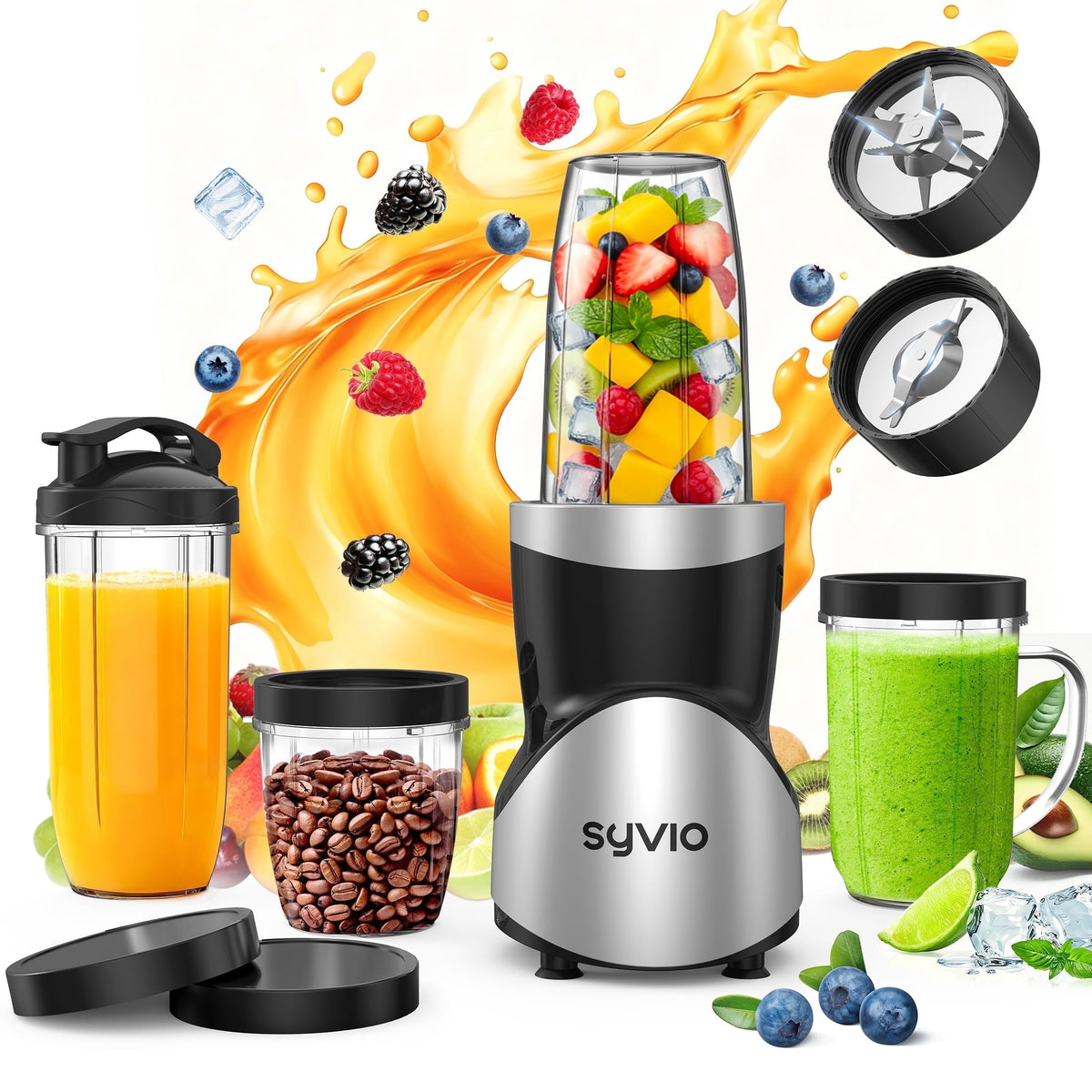 Syvio Smoothie Blender for Shakes and Smoothies, 4 Portal Cups, 15 Pieces Kitchen Personal Blender and Grinder Combo, BPA-Free Juice Blender Set