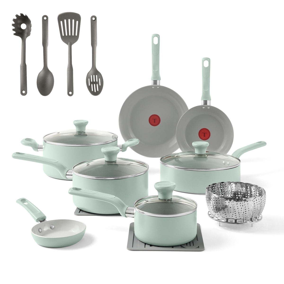 T-fal Easy Care 18 Piece Ceramic Nonstick Cookware Set, Pots and Pans, Mint Green