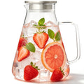 TINANA 68 oz Glass Pitcher with Lid, 2L Borosilicate Water Carafe, Stainless Steel Filter Lid, Iced Tea Lemonade Juice Beverage Jug, Yellow Handle