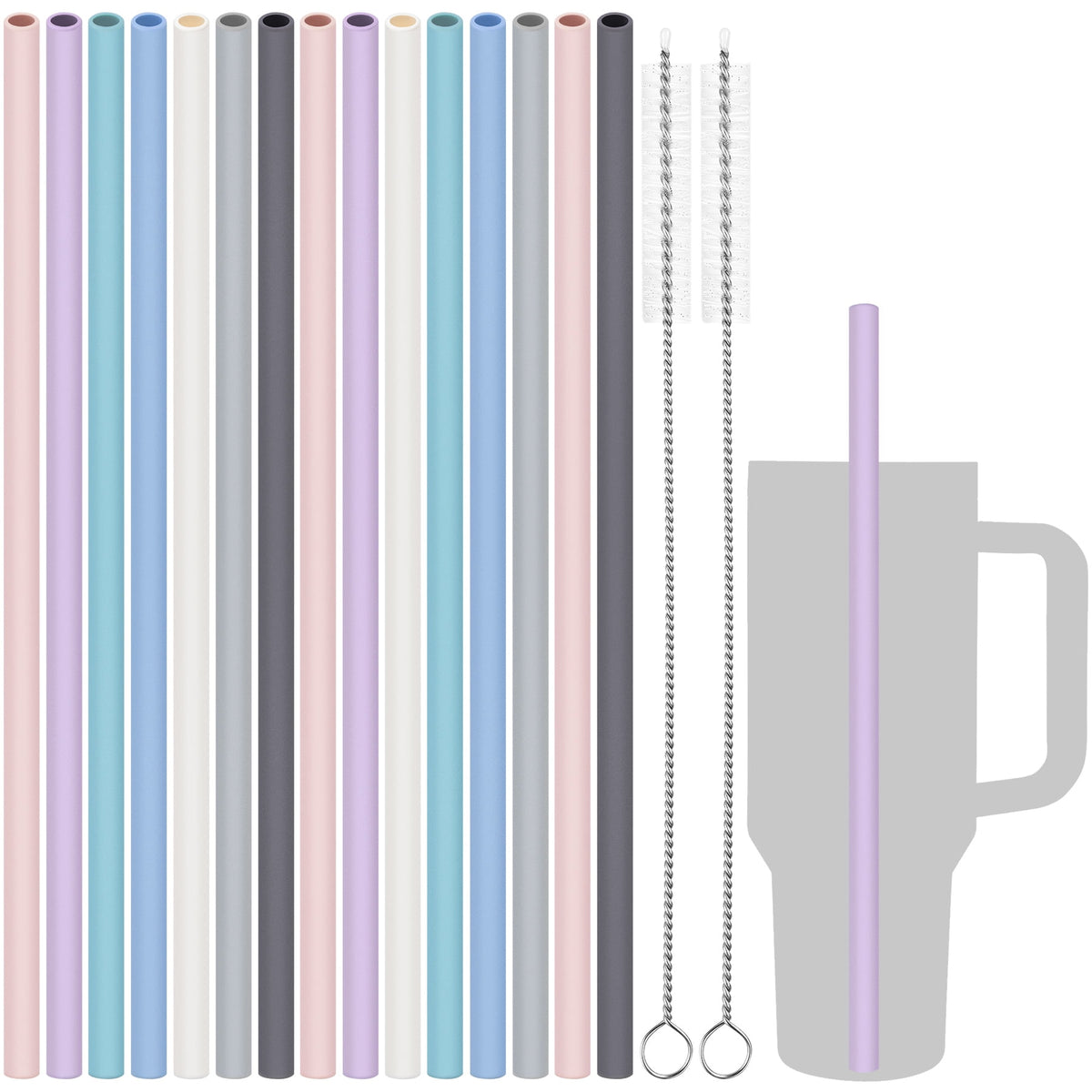 Tomorotec 12" Reusable Silicone Drinking Straws 15PCS with 2 Brushes, Compatible with Stanley Tumblers 40oz 30oz 20oz, Customizable for Various Drinkware, BPA-Free & Safe for Teeth (Morandi Colors)