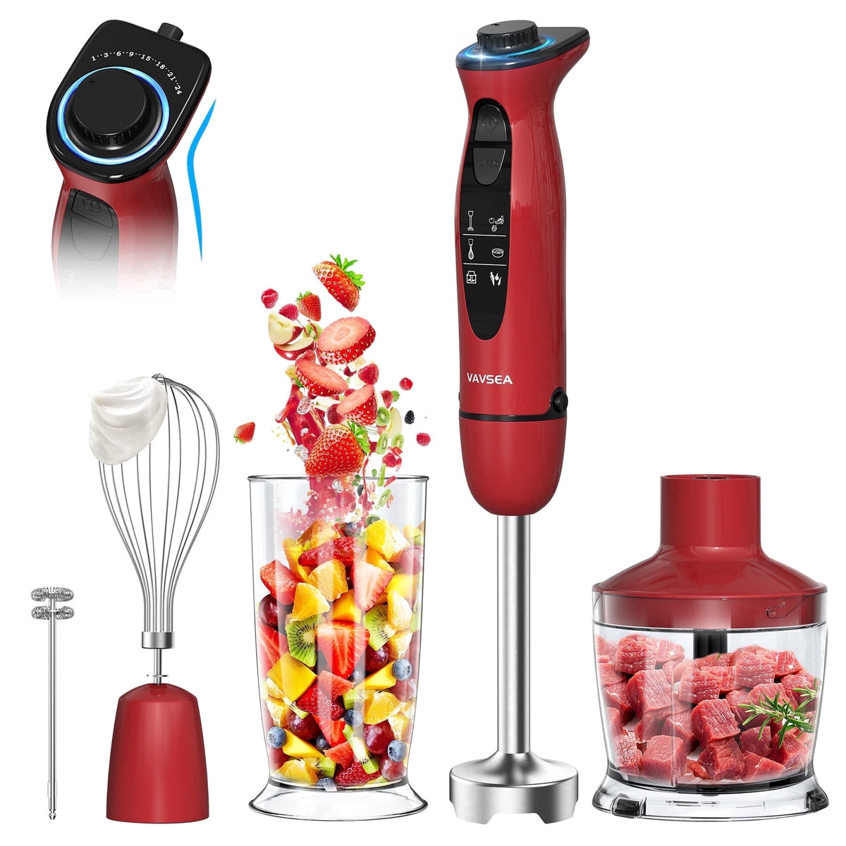 VAVSEA Immersion Blender, 1100W 5-in-1 Hand Blender, 24-Speed Stick Blender for Small Kitchen, Splash-Resistant Handheld Blender Mixer with Turbo Mode for Smoothies, Baby Food, Black