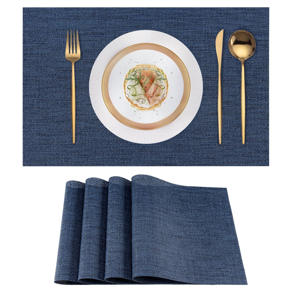 VCVCOO Navy Blue Placemats Set of 4 - Easy Clean Washable PVC Vinyl Placemats - Wipeable Heat Resistant Woven Table Mats for Dining Table - 12x18 inch