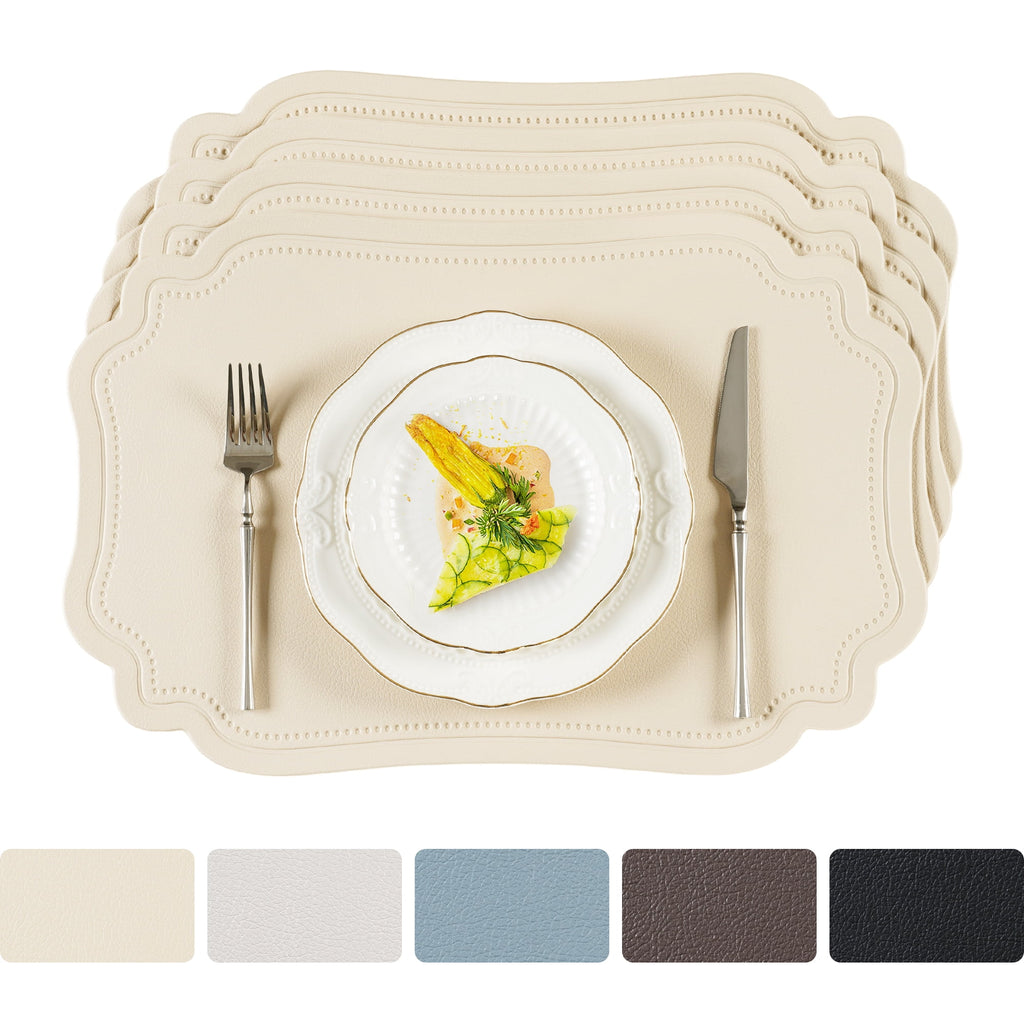 VCVCOO Placemats Set of 4 Beige Leather Place Mats Waterproof Wipeable Heat Resistant Sturdy Rectangle Kitchen Dining Table Mats for Indoor Outdoor Reversible Easy to Clean Place Mats